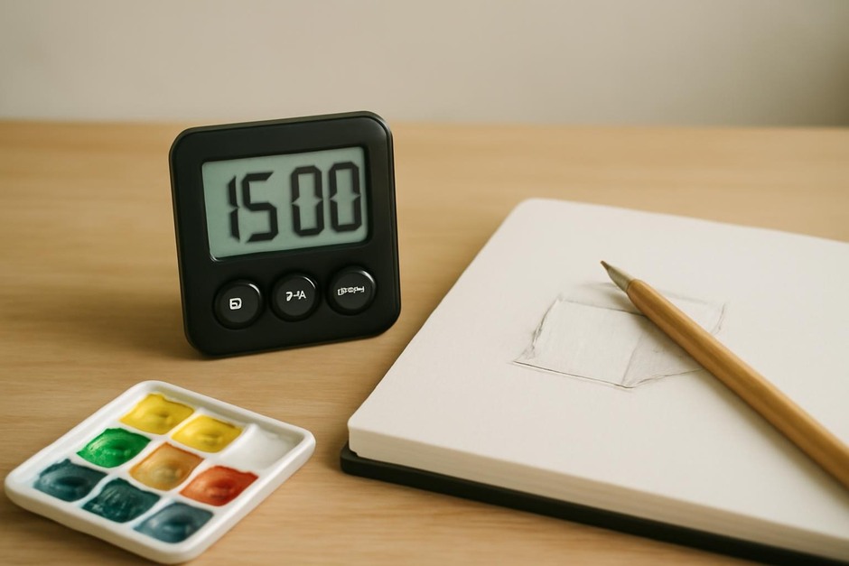 A timer beside a sketchbook and a small palette, set up for a short session
