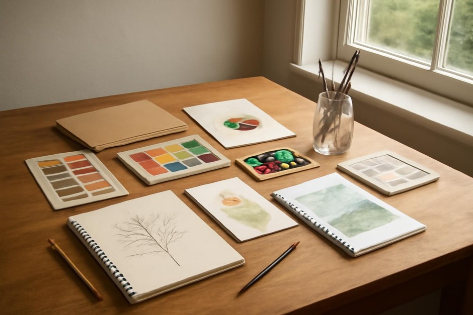 Abstract art desk with color swatches, brush marks, and sketchbook studies.