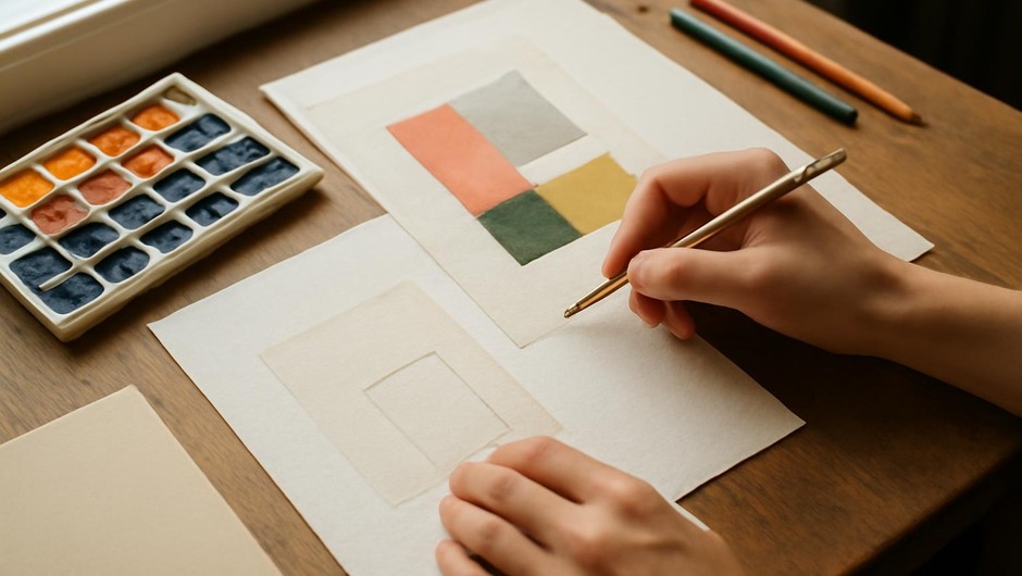 Bright studio image with paint textures, paper layers, and geometric color blocks.